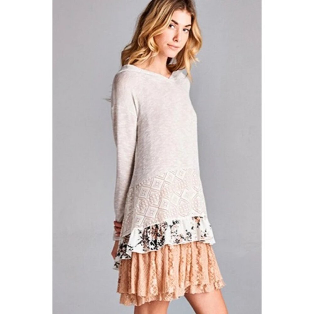 NWT Hooded Ruffle Hem Knit Tunic Top | Coquette Boho Coastal Cowgirl Soft Grunge - Picture 11 of 16